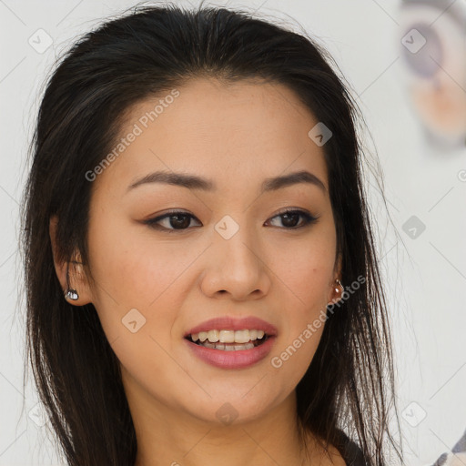 Joyful latino young-adult female with long  brown hair and brown eyes