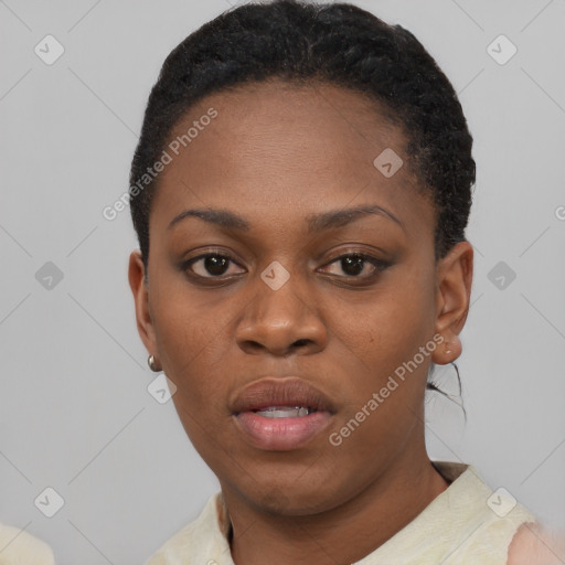 Neutral black young-adult female with short  black hair and brown eyes