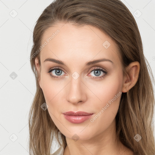 Neutral white young-adult female with long  brown hair and grey eyes