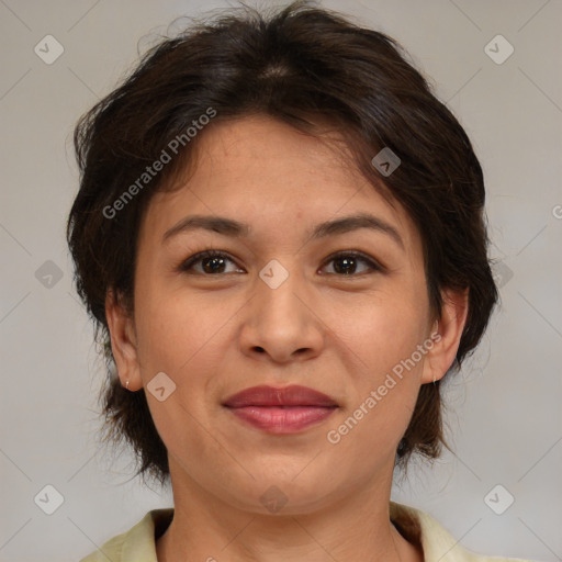 Joyful white adult female with medium  brown hair and brown eyes