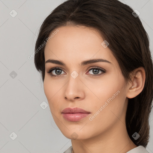 Neutral white young-adult female with medium  brown hair and brown eyes