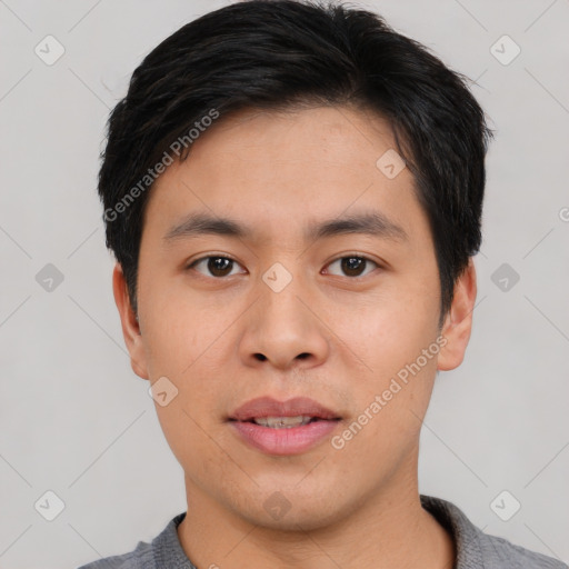 Neutral asian young-adult male with short  black hair and brown eyes