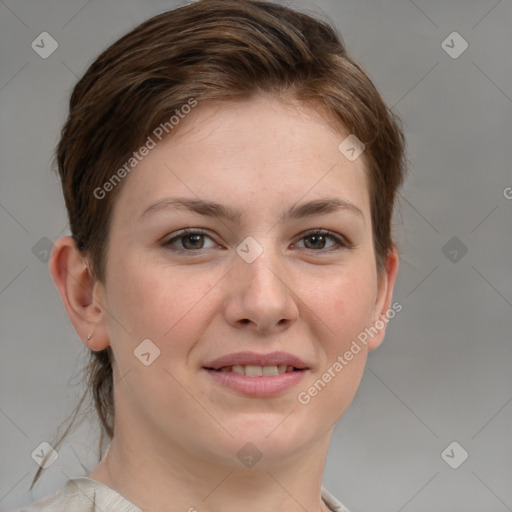 Joyful white young-adult female with medium  brown hair and grey eyes