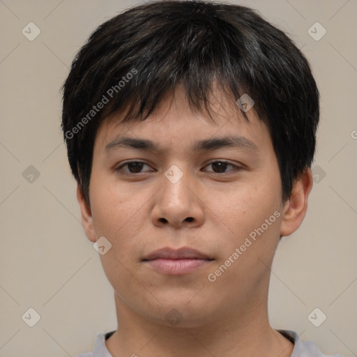 Neutral asian young-adult male with short  brown hair and brown eyes