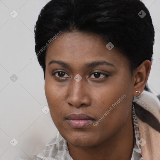 Neutral black young-adult female with short  black hair and brown eyes