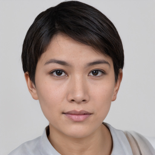 Neutral white young-adult female with short  brown hair and brown eyes