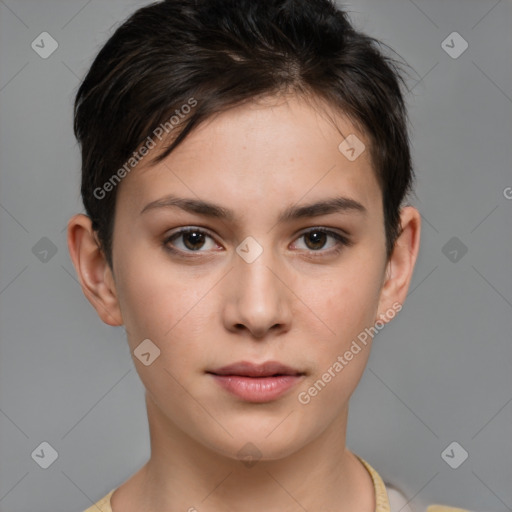 Neutral white young-adult female with short  brown hair and brown eyes