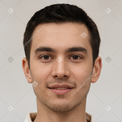 Joyful white young-adult male with short  brown hair and brown eyes