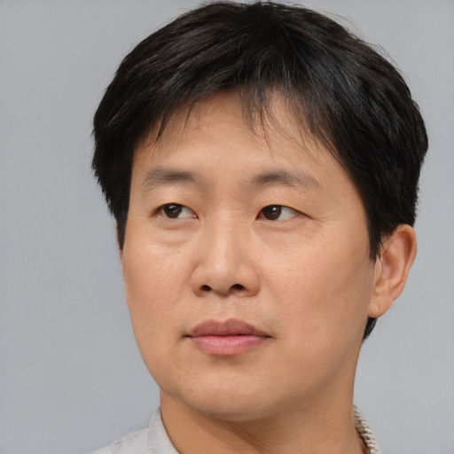 Joyful asian adult male with short  brown hair and brown eyes