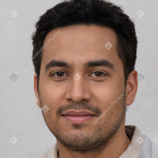 Neutral latino young-adult male with short  black hair and brown eyes