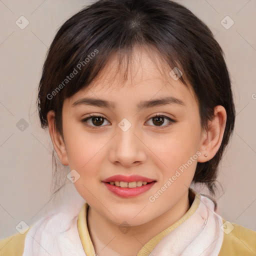 Joyful white child female with medium  brown hair and brown eyes