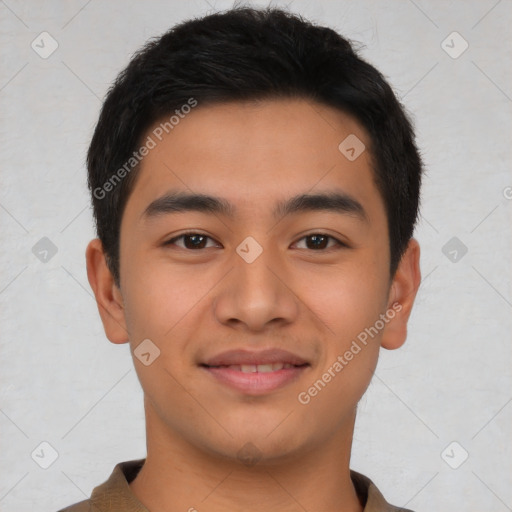 Joyful asian young-adult male with short  brown hair and brown eyes