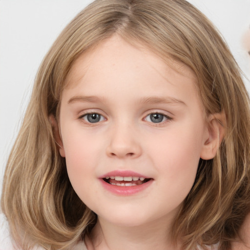 Joyful white child female with medium  brown hair and brown eyes