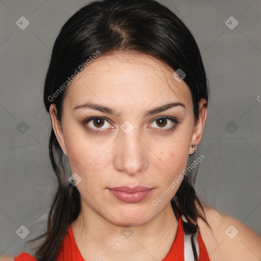 Neutral white young-adult female with medium  brown hair and brown eyes