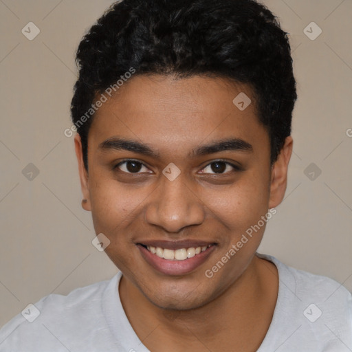 Joyful latino young-adult male with short  brown hair and brown eyes