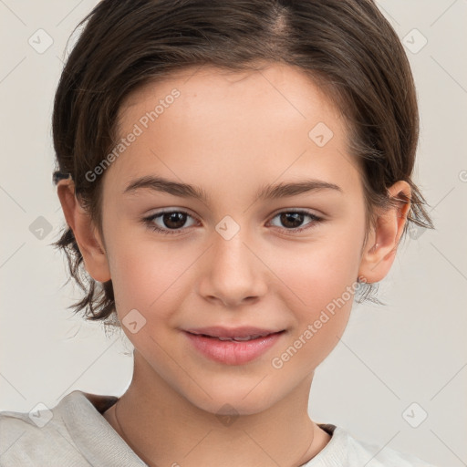 Joyful white child female with medium  brown hair and brown eyes