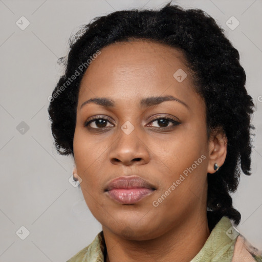 Neutral black young-adult female with short  black hair and brown eyes