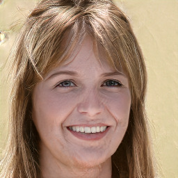 Joyful white adult female with long  brown hair and green eyes