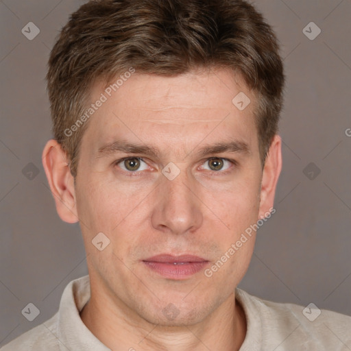 Neutral white adult male with short  brown hair and grey eyes