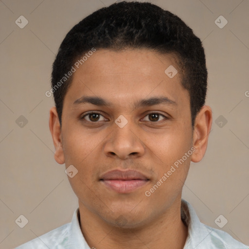 Joyful latino young-adult male with short  brown hair and brown eyes