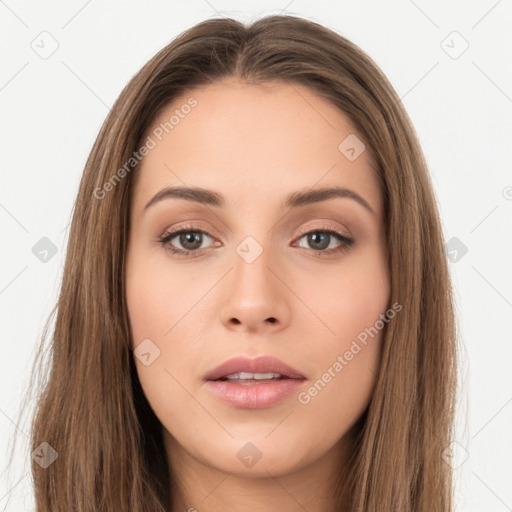 Neutral white young-adult female with long  brown hair and brown eyes