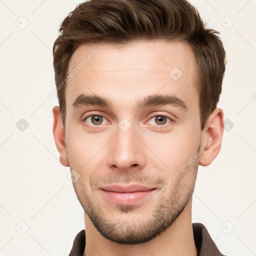 Neutral white young-adult male with short  brown hair and brown eyes