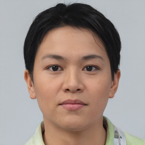 Neutral asian young-adult female with short  brown hair and brown eyes