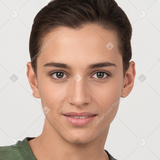 Joyful white young-adult female with short  brown hair and brown eyes