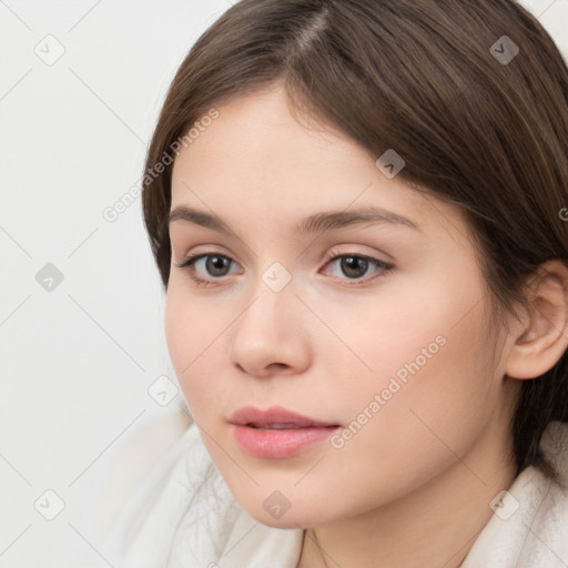 Neutral white young-adult female with medium  brown hair and brown eyes