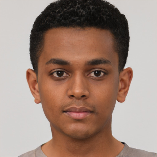 Neutral black young-adult male with short  black hair and brown eyes