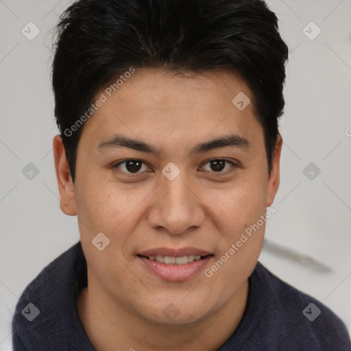 Joyful latino young-adult male with short  brown hair and brown eyes