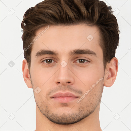 Neutral white young-adult male with short  brown hair and brown eyes