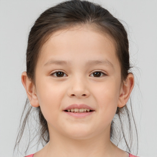 Joyful white child female with medium  brown hair and brown eyes