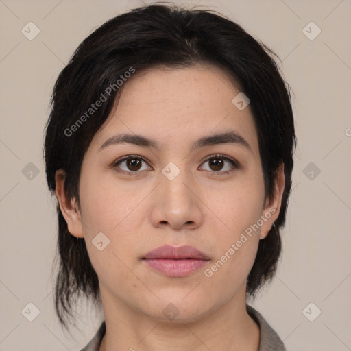 Neutral white young-adult female with medium  brown hair and brown eyes