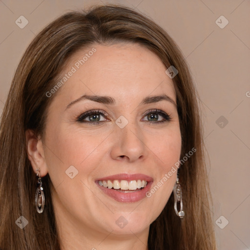 Joyful white young-adult female with long  brown hair and green eyes