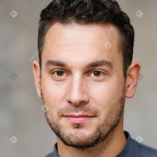 Neutral white young-adult male with short  brown hair and brown eyes