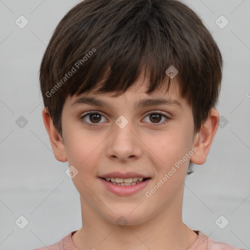 Joyful white child female with short  brown hair and brown eyes