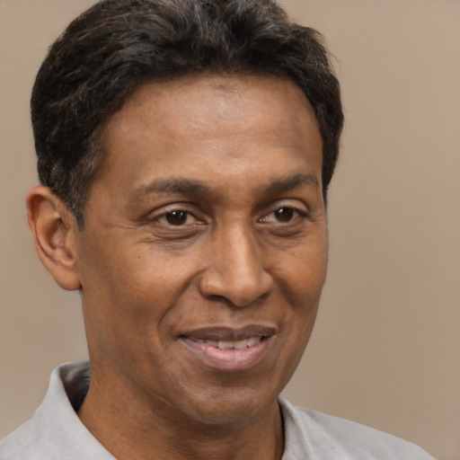 Joyful latino adult male with short  brown hair and brown eyes