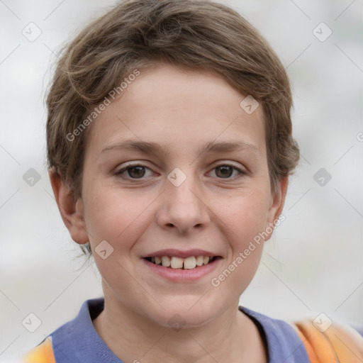 Joyful white child female with medium  brown hair and grey eyes