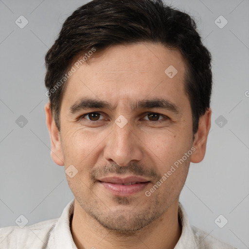 Joyful white young-adult male with short  brown hair and brown eyes