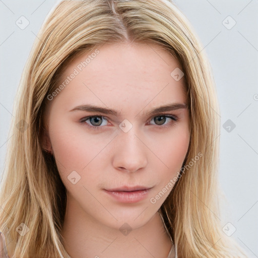 Neutral white young-adult female with long  brown hair and brown eyes