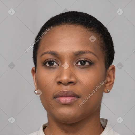 Neutral black young-adult female with short  brown hair and brown eyes