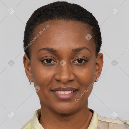Joyful black young-adult female with short  brown hair and brown eyes