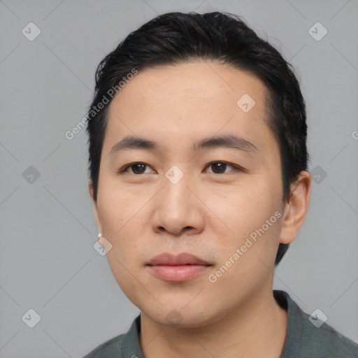 Neutral asian young-adult male with short  black hair and brown eyes