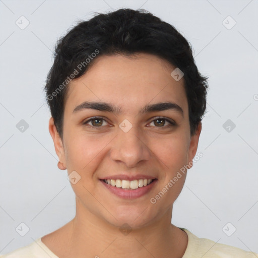 Joyful white young-adult female with short  brown hair and brown eyes