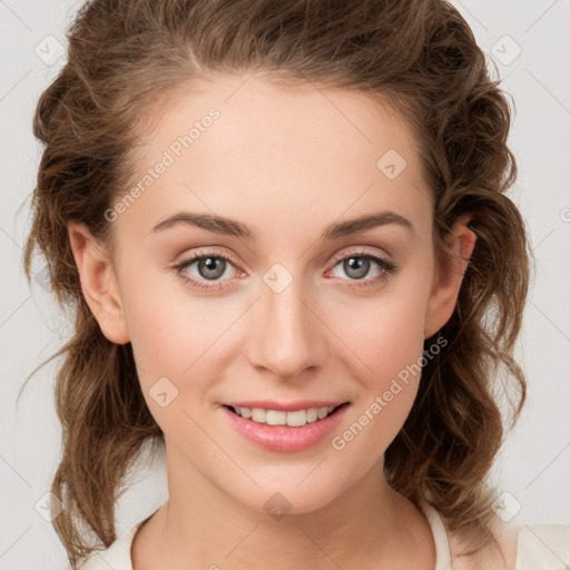 Joyful white young-adult female with medium  brown hair and green eyes