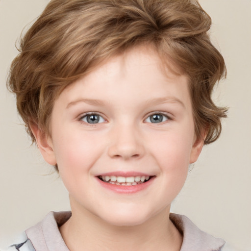 Joyful white child female with short  brown hair and grey eyes