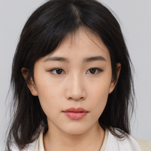 Neutral asian young-adult female with medium  brown hair and brown eyes