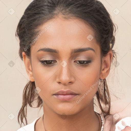 Neutral white young-adult female with medium  brown hair and brown eyes