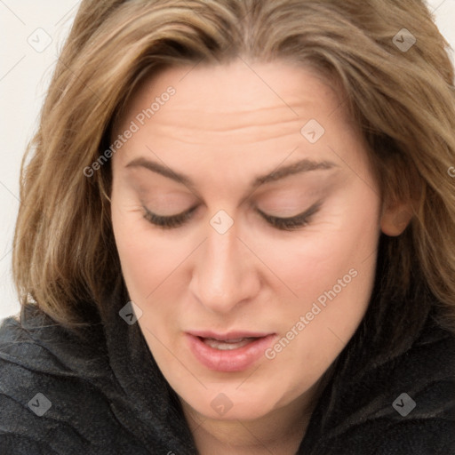 Joyful white adult female with long  brown hair and brown eyes